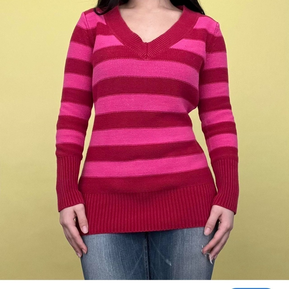 Y2K VTG XL Pink stripe V neck cotton long sleeve sweater Scene Bella Swan casual